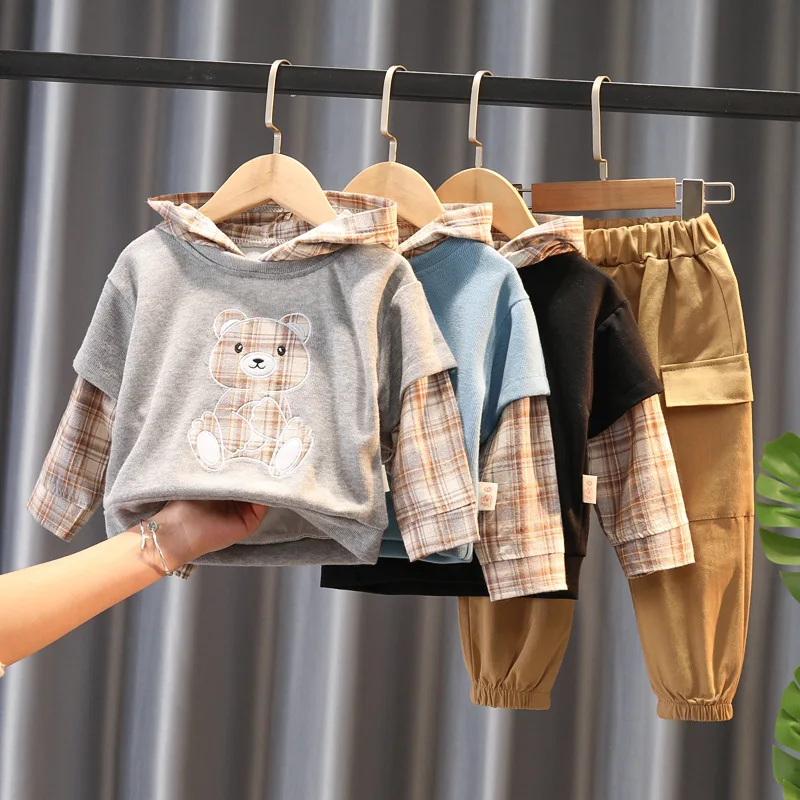 Su&eacute;ter de manga larga con capucha para ni&ntilde;os y ni&ntilde;as, traje de dos piezas de manga larga con capucha de oso para primavera-3