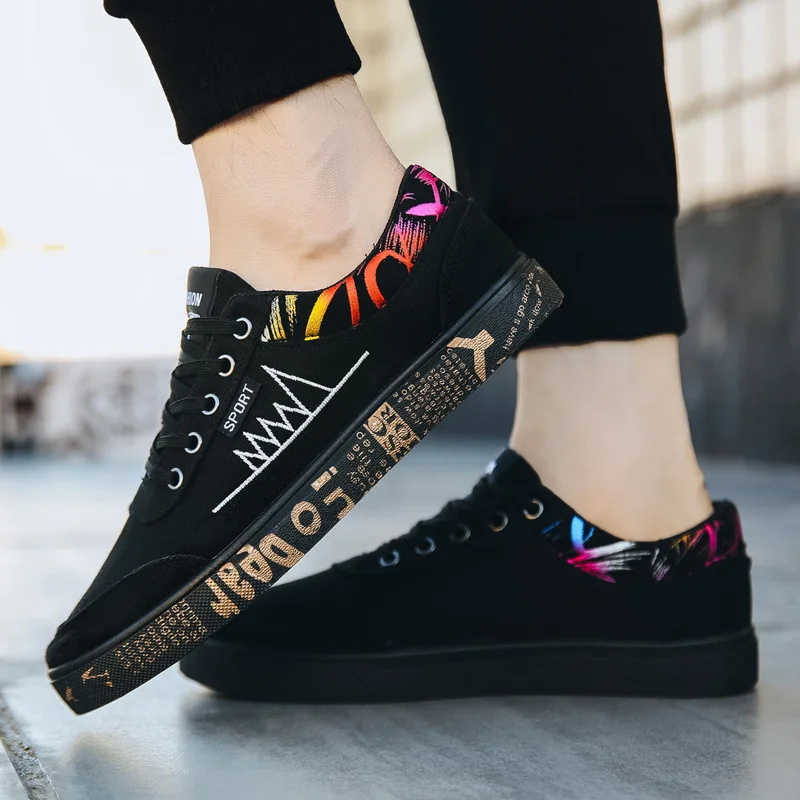 

Кеды мужские с принтом, Вулканизированная подошва, на шнуровке, холщовые кроссовки, повседневная обувь на плоской подошве, черные, весна-осе...