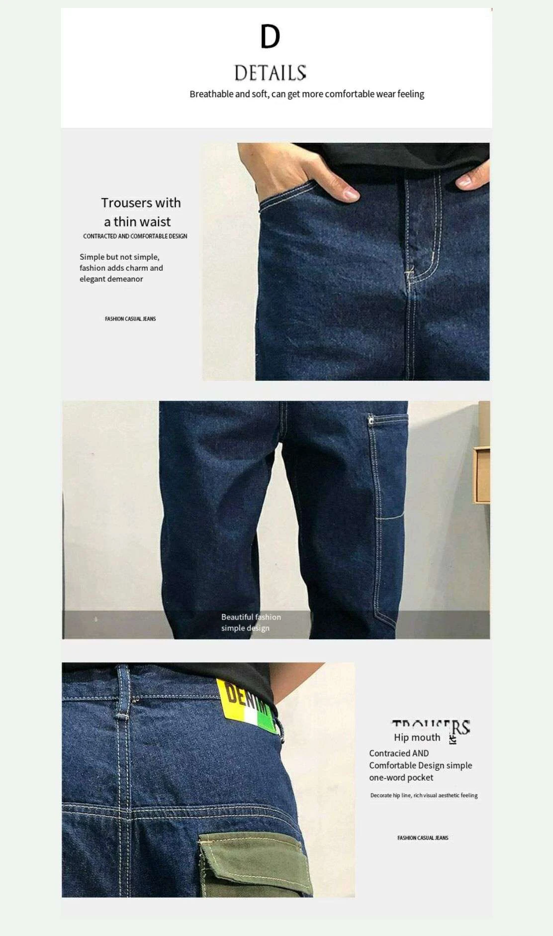 

2021 Seasons Dark Blue Stitching Multi-Pocket Feet Harem Pants Men's Loose Street Daddy Tooling Jeans Trend