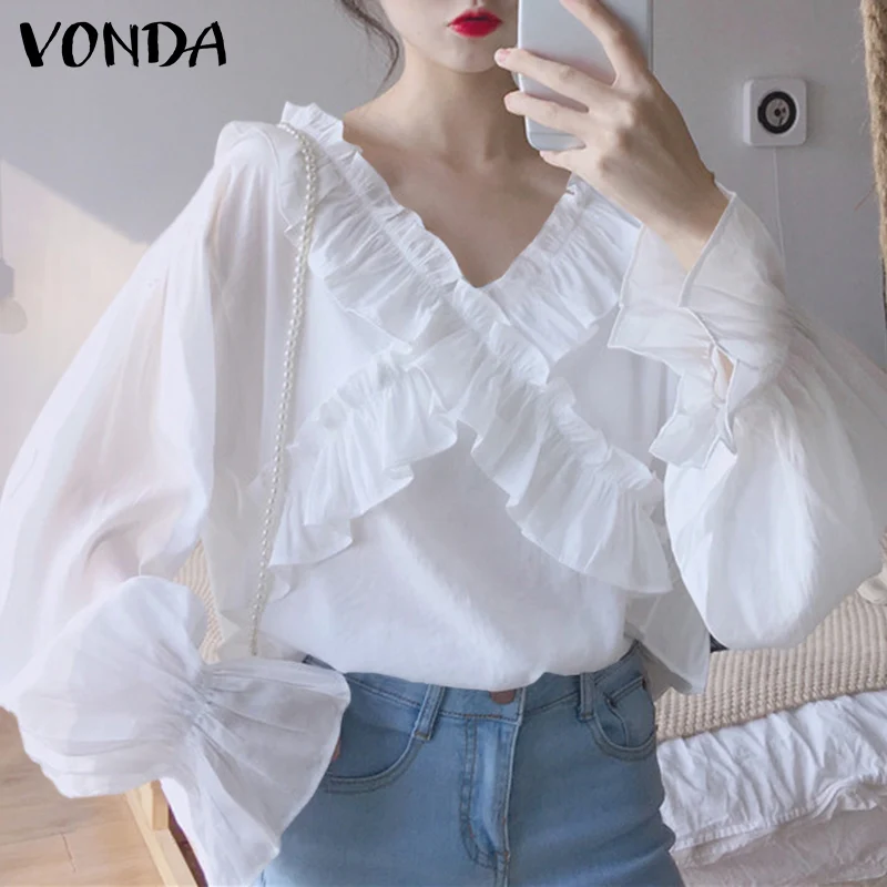 

Женская блузка с длинным рукавом 2021 VONDA, Женская Повседневная Блузка с оборками, офисные рубашки, винтажные однотонные топы, женские блузы