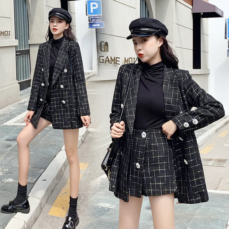 

Женский комплект, весенний и осенний клетчатый повседневный костюм, куртка, Женский модный костюм, комплект из двух предметов для женщин