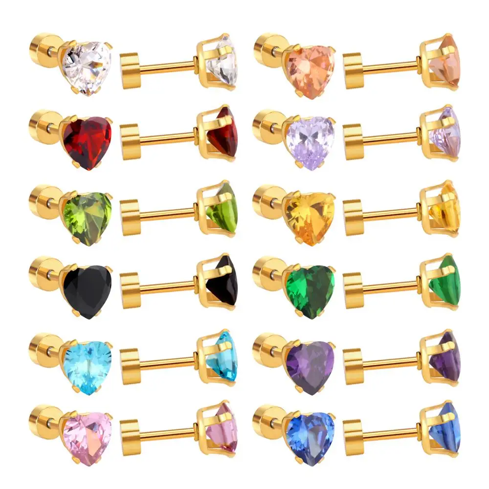 

LUXUKISSKIDS 12pairs/Lot 3/6MM Heart Earrings Stainless Steel For Women AAA CZ Screw Pack Colorful Studs Korean Fashion Jewelry