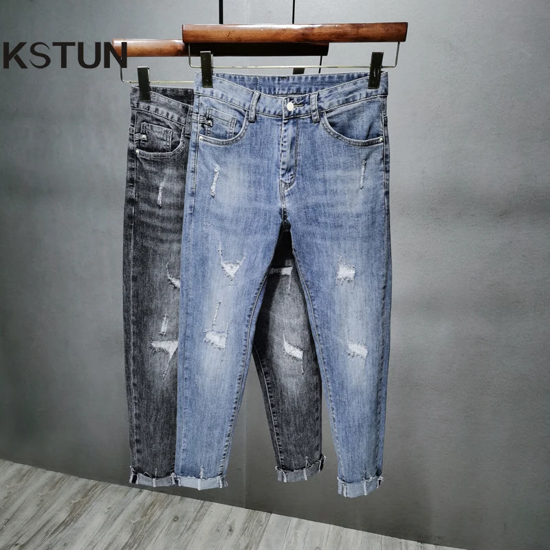 Skinny Jeans Men Denim Pants Stretch Light Blue Ankle-Length Pants Distressed Hip Hop Streetwear Patchwork Men's Clothing Cowboy