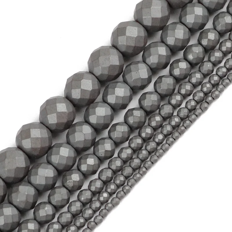 

JHNBY Faceted Matte Black Hematite Beads Football Natural Stone Ore Round Loose Beads 2/3/4/6/8/10MM Jewelry Bracelet Making DIY