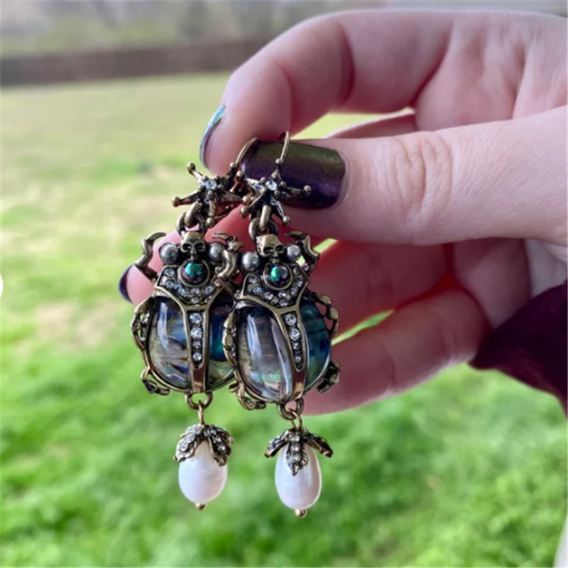 

Vintage Inspired Scarab Earring for Women - Crystal & Faux Pearl Decor Insect Jewelry Lever Back Beetle Skull Drop Earrings Bug