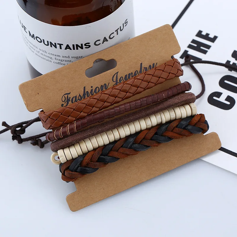 5 шт./компл. винтажные кожаные деревянные бусины Регулируемый веревочный браслет