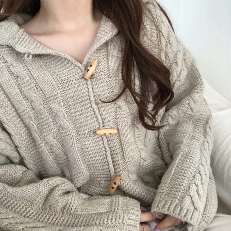 

Cable Knit Loose-Fit Autumn Winter Korean Fashion Ladies Tops Womens Front Button Hooded Cardigan Sweater Thick Warm
