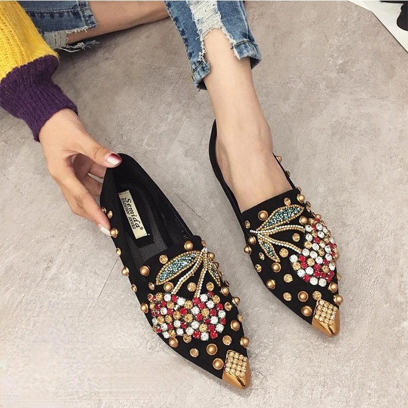 

Woman Flats Shoes Rhinestone Cherry 2019 Spring New Female Metal Pointed Toe Casaul Shoes Comfortable Flats Loafers Shoes