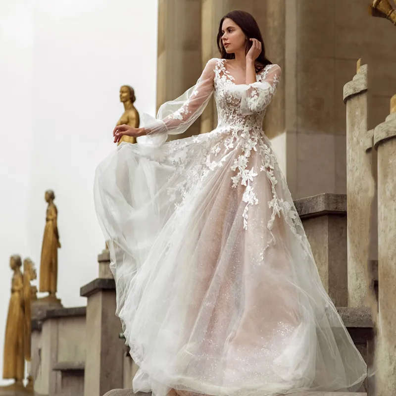 

Великолепные Свадебные платья с V-образным вырезом 2021, кружевные аппликации с широкими рукавами, свадебные платья из органзы со шлейфом и бл...