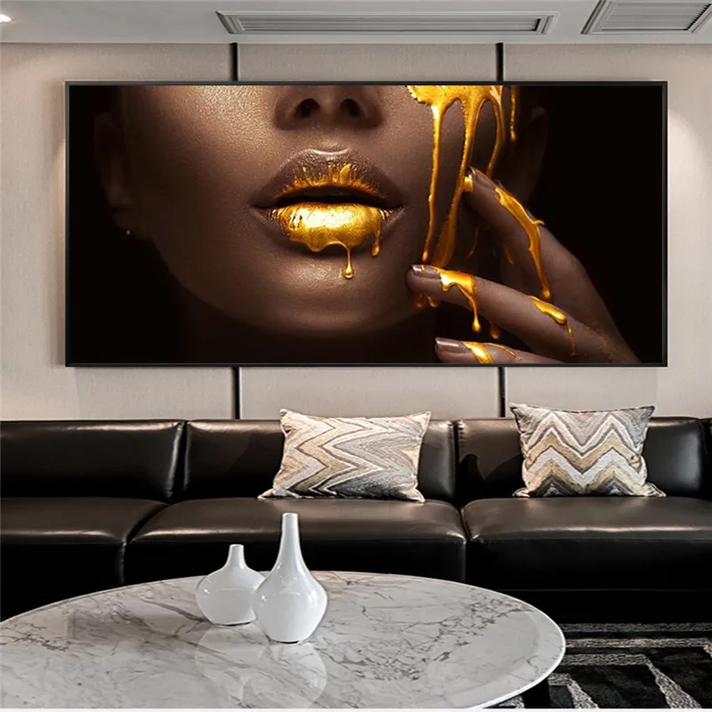 

Large African Woman Face Canvas Art Posters And Prints Golden Sexy Lips Canvas Paintings On the Wall Art Picture For Living Room
