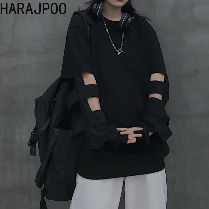 

Женская рубашка HARAJPOO, весенне-осенняя Корейская уличная черная Готическая рубашка в стиле Харадзюку, свободная футболка с длинными рукавам...