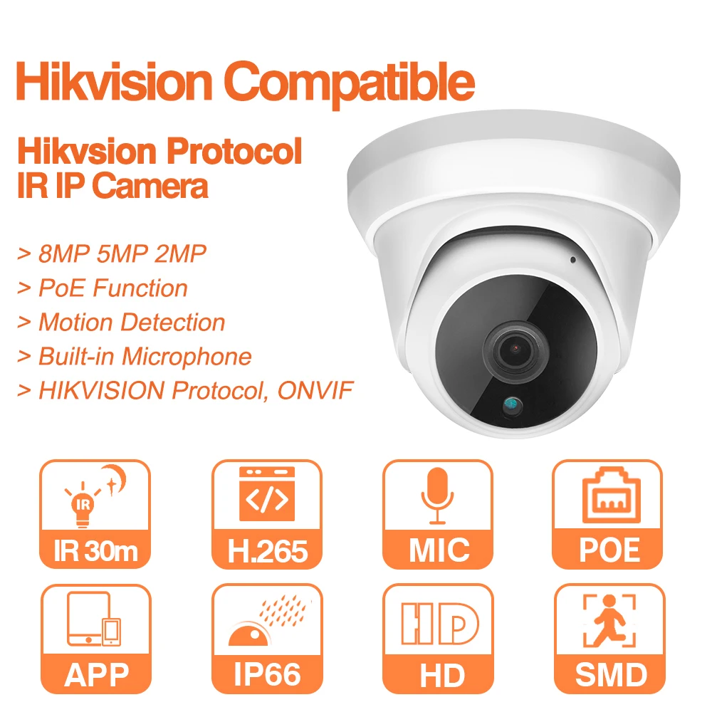 Hikvision совместимый 8MP IP Камера безопасности со встроенным микрофоном 5MP ИК