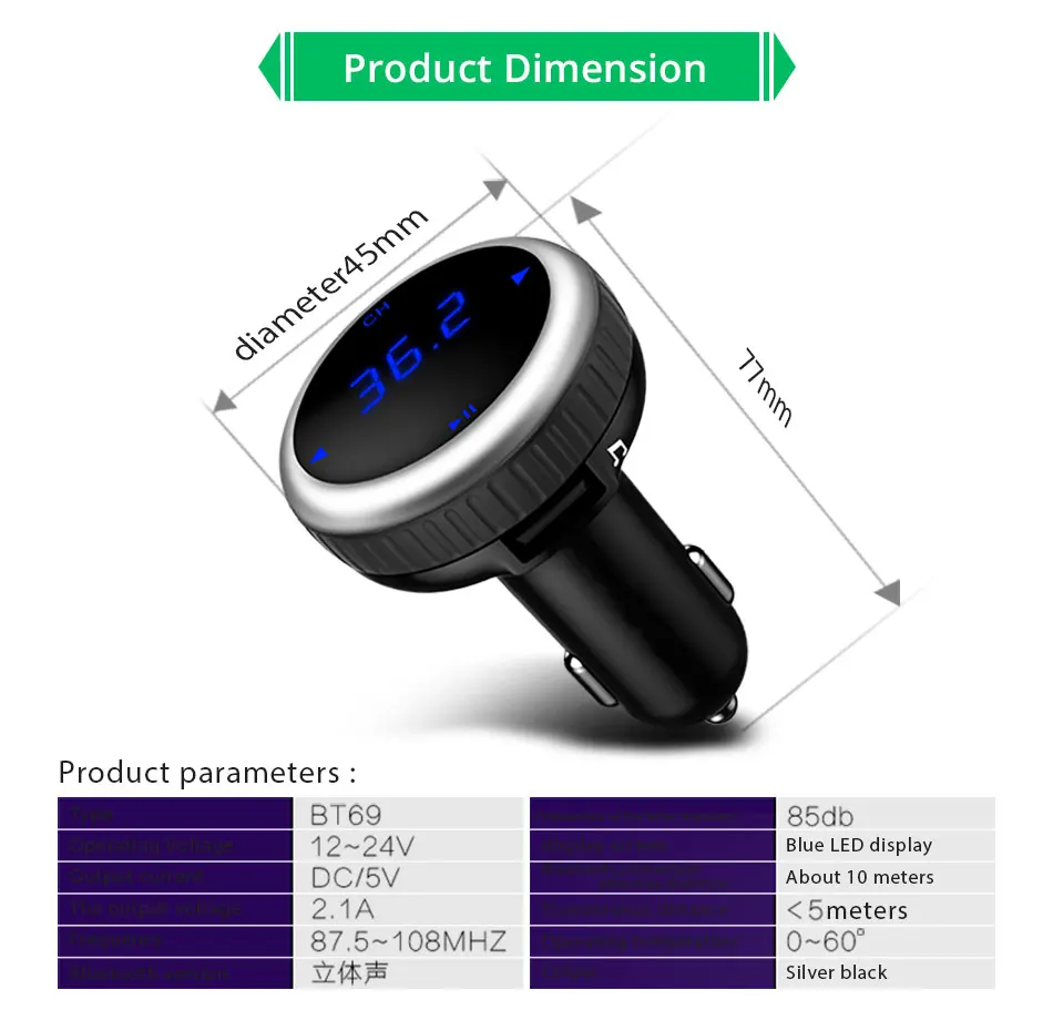 Автомобильный Bluetooth fm передатчик VANJEW BT69 mp3 плеер с громкой связью u диск двойным USB