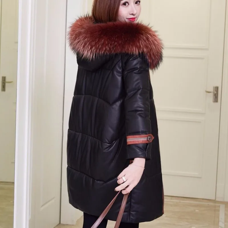 

2020 Winter New PU Leather Jacket Women Big Imitation Mink Fur Collar Mid-length Chaqueta Cuero Mujer Warm Veste Femme Coat