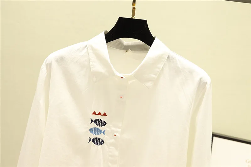 Women Blouses Shirts Tunic Womens Tops And Blouses 2020 Womenswear Long Sleeve Clothing Button Up Down White Embroidery Fish