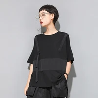 ladies short sleeve summer new classic black personality stitching round collar loose street large neutral short sleeve