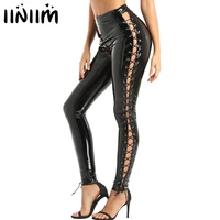 womens wet look clubwear moto punk paries pole dance patent leather side lace up leggings stretchy skinny pants long trousers