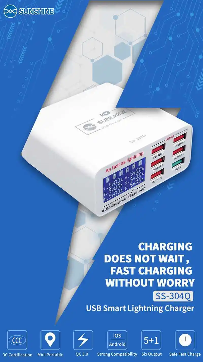 Солнечный свет последние QC 3,05 V 2.0A зарядное устройство шесть портов USB разъем для мобильного телефона Быстрая зарядка Напряжение Ток дисплей источник питания