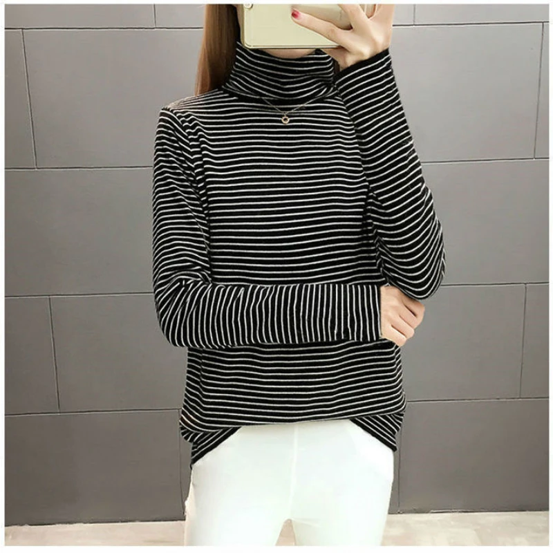 Женская Осенняя теплая полосатая рубашка с высоким воротником футболка