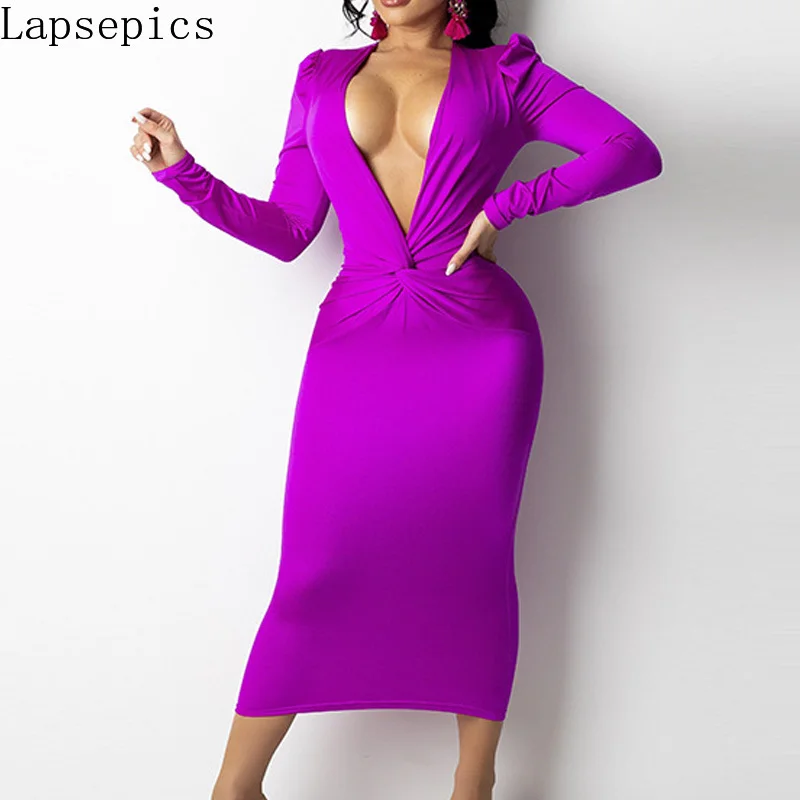 

5 Colors Women Fashion Mid Waist V Neck Long Sleeve Temperament Commute Solid Layered Sheath Sexy Midi Dress