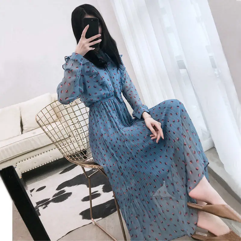 

2021 New Slim-fit Over-the-knee Slim-waist Dress Female Student Chiffon Long-sleeved Autumn Long
