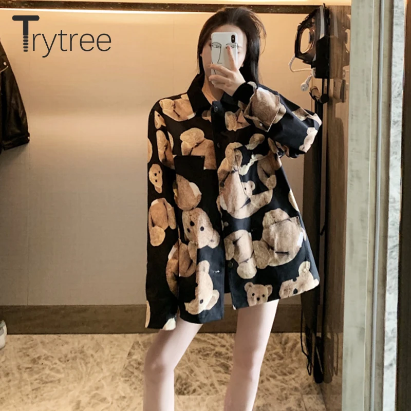 Trytree Женская Повседневная Блузка с отложным воротником однобортная Свободная