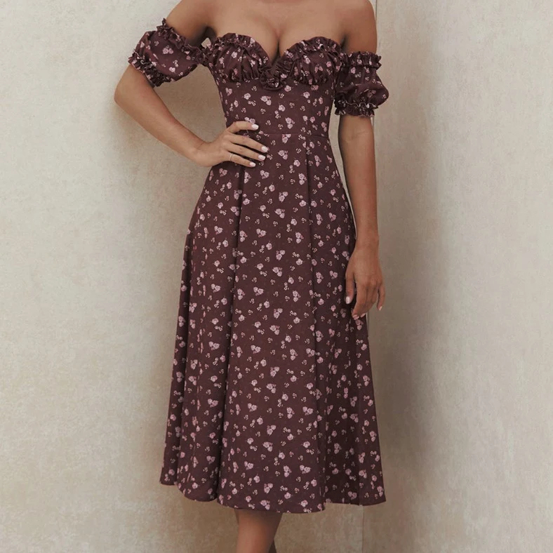 

Women Dresses Summer Sexy Floral Print Short Sleeve Elegant Dresses Split Party Long Dresses Ruffles Summer Dresses