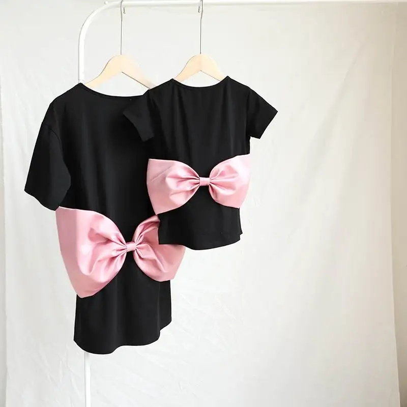 Camiseta de algod&oacute;n con lazo grande para madre e hija, camiseta negra de manga corta, conjuntos a juego para padres e hijos, ropa E7116-3
