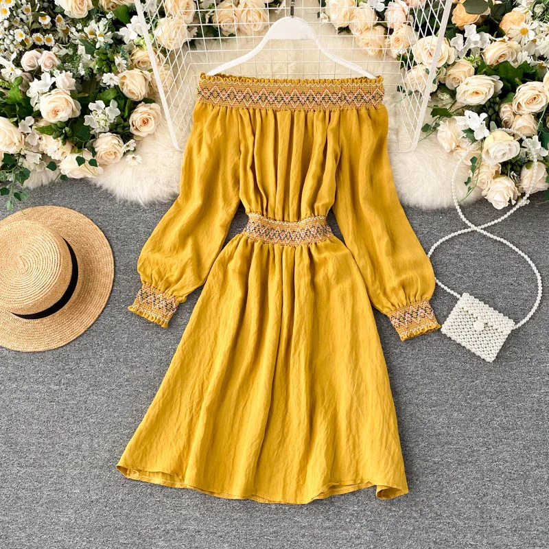 

Off Shoulder Boho Casual Dress For Women Embroidery Elegant Long Sleeve Holiday Woman Dresses A-line Elastic Waist Slim Vestidos