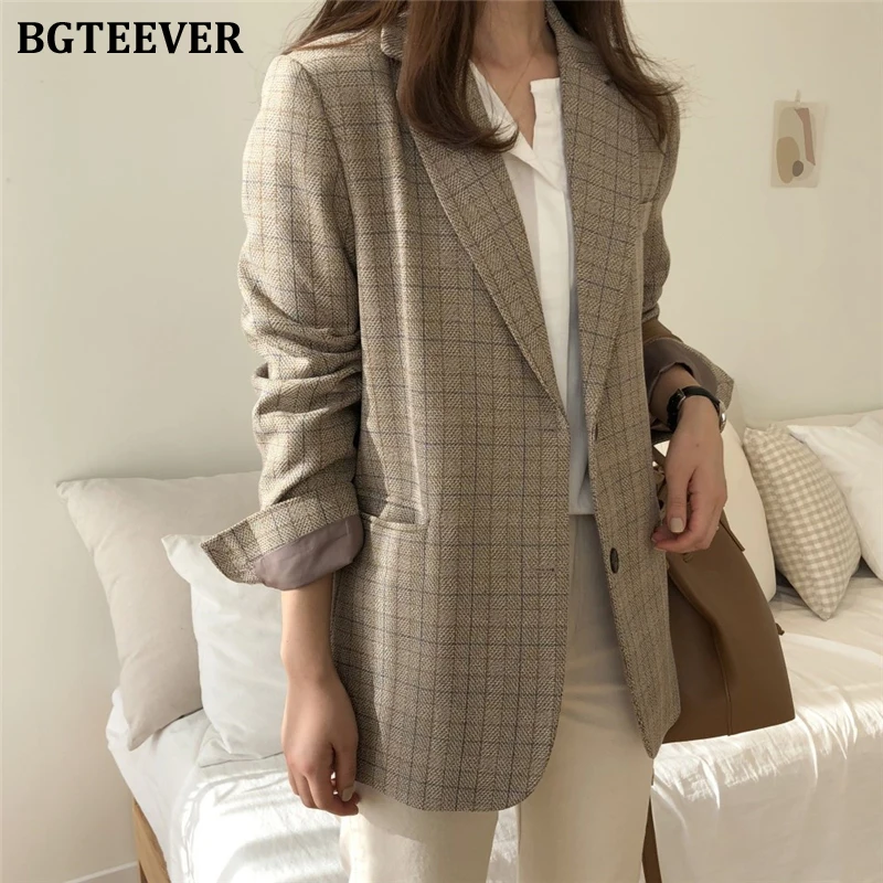 BGTEEVER винтажный клетчатый однобортный Женский блейзер с зубчатым воротником