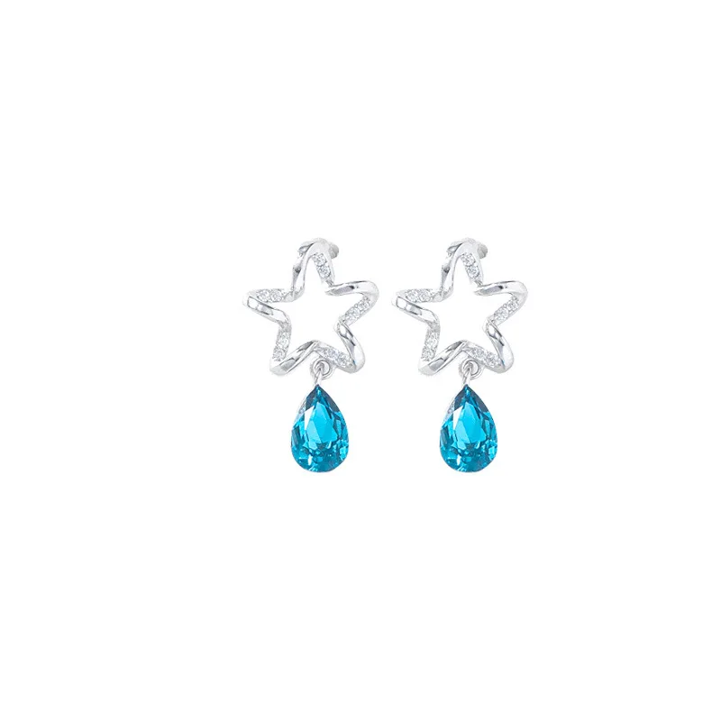 

CE-160 S925 star earrings sweet mini hollow five-pointed star crystal drop earrings everyday female earrings
