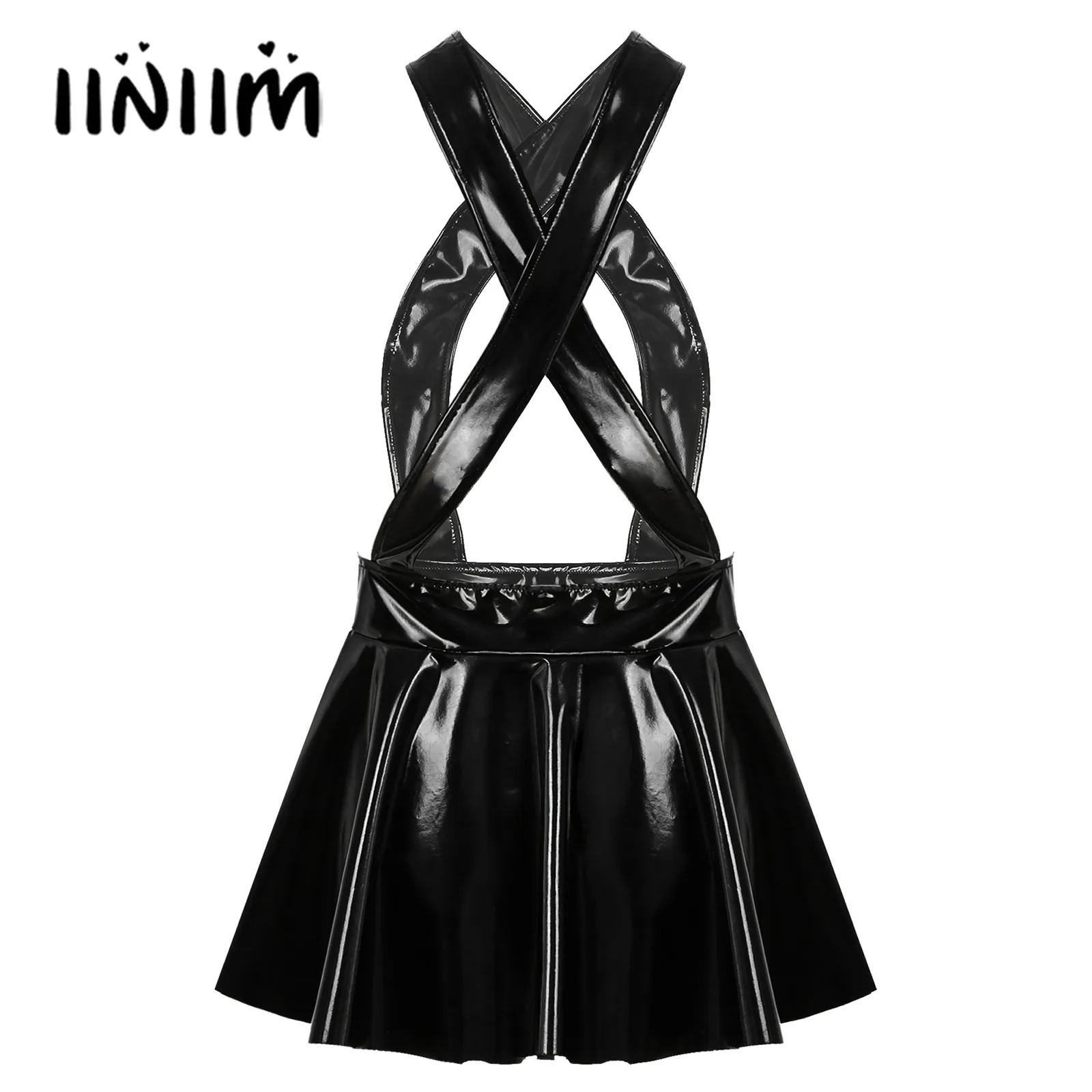 

Black Sexy Womens Patent Leather Flare Miniskirt Suspenders Skirt Rave Clubwwear Crisscross Invisible Zipper Wet Look Dress