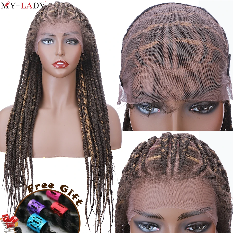 MY-LADY 30'' Braided Lace Front Wig Synthetic Box Braids Wig For Black Women Cornrow Braids Lace Wigs Frontal Afro Wig Free Gift