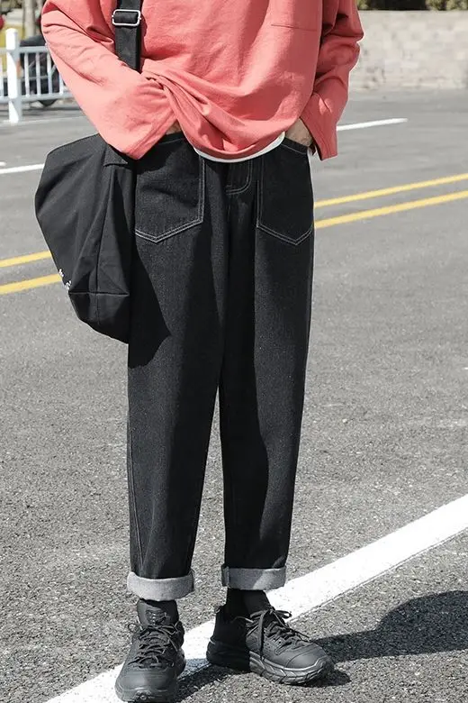 

2020 Autumn And Winter New Youth Fashion Loose Large Size Solid Color Jeans Fashion Casual All-match Straight-leg Pants