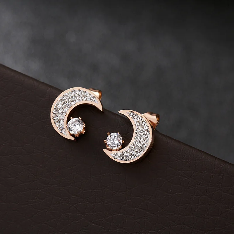

Korean Style stainless steel Rose gold Small Mini Cute Luxury Moon Star CZ Stud Earrings for Women female Studs Girls' Jewelry