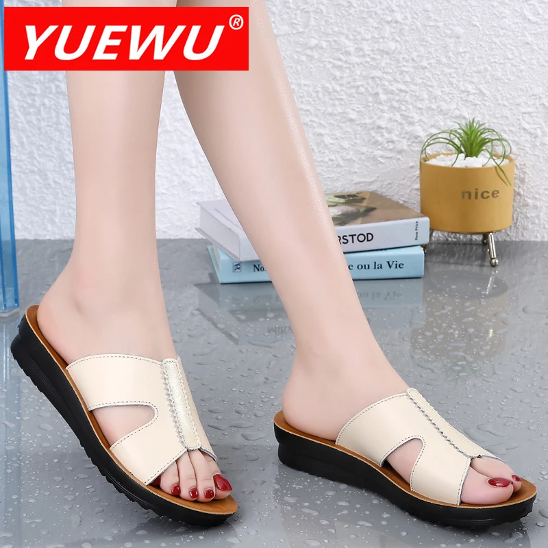 

YUEWU Women’s Large Size Leisure Versatile Genuine Leather Pu Bottom Non Slip And Soft Fashion Flat Heel Slippers
