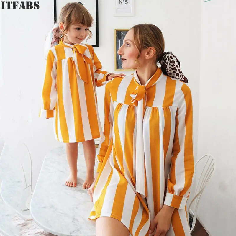 

2020 Fashion New Family Matching Outfit Set Parent Child Mother and Daughter Dress Women Girl Striped Long Sleeve Clothes Spring