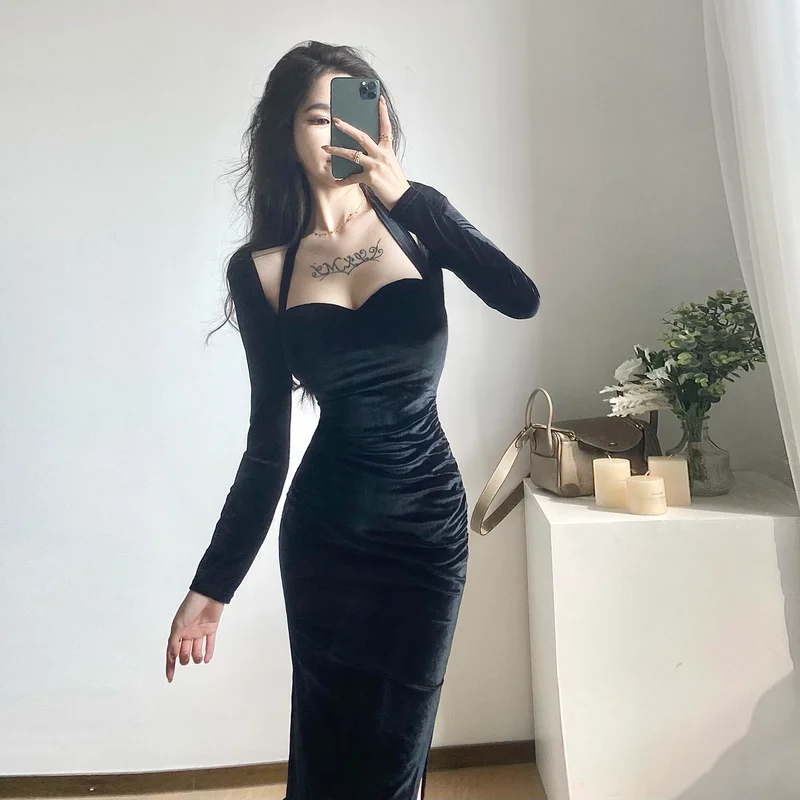 

2021 Early autumn Women's Clothing new Halter tube top Mid-length party dress Korean style Split fork Waistcoat Two-piece suit