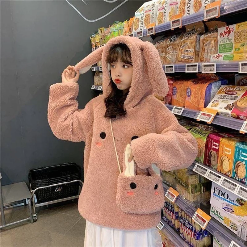 

Fluffy hoodies Women kawaii Sweatshirt Women Coat Sweatshirt Autumn Winter Warm pullover Hoodies With Ears Pullover cute Outwear