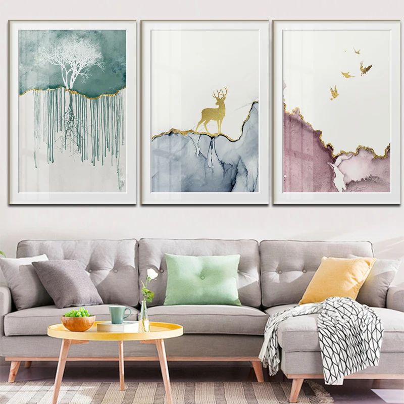 Абстрактный Золотой олень и птица холст для живописи Современное украшение дома