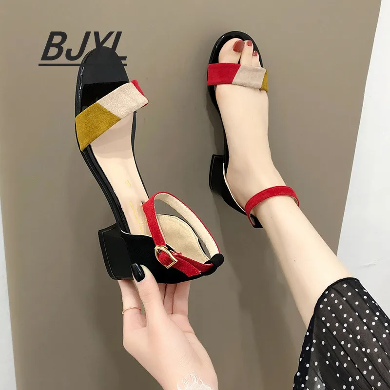 

2021 summer new fashion color matching open toe square toe buckle strap high heel sandals female thick heel bag heel trend