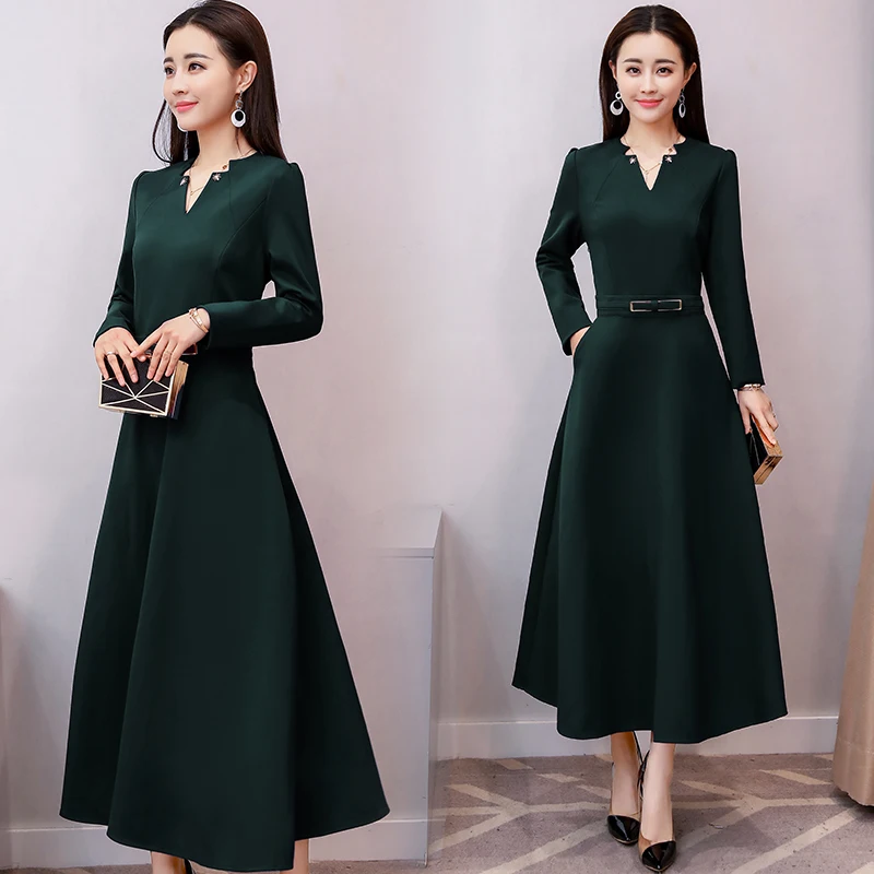 

Spring and Autumn Women's New Korean Long Paragraph Slim Was Thin Solid Temperament Long-sleeved Dress Big Swing Dress