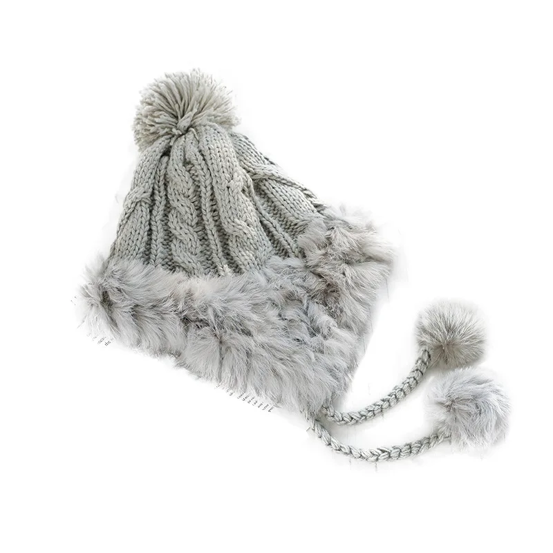 

Korean version ins net red cute wool hat female autumn winter Lei Feng hat ear ball real rabbit hair knitted hat
