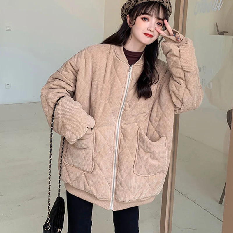 

Осенне-зимние женские толстые куртки Rimocy 2021 винтажные вельветовые парки с круглым вырезом и карманами для женщин корейские теплые пальто б...