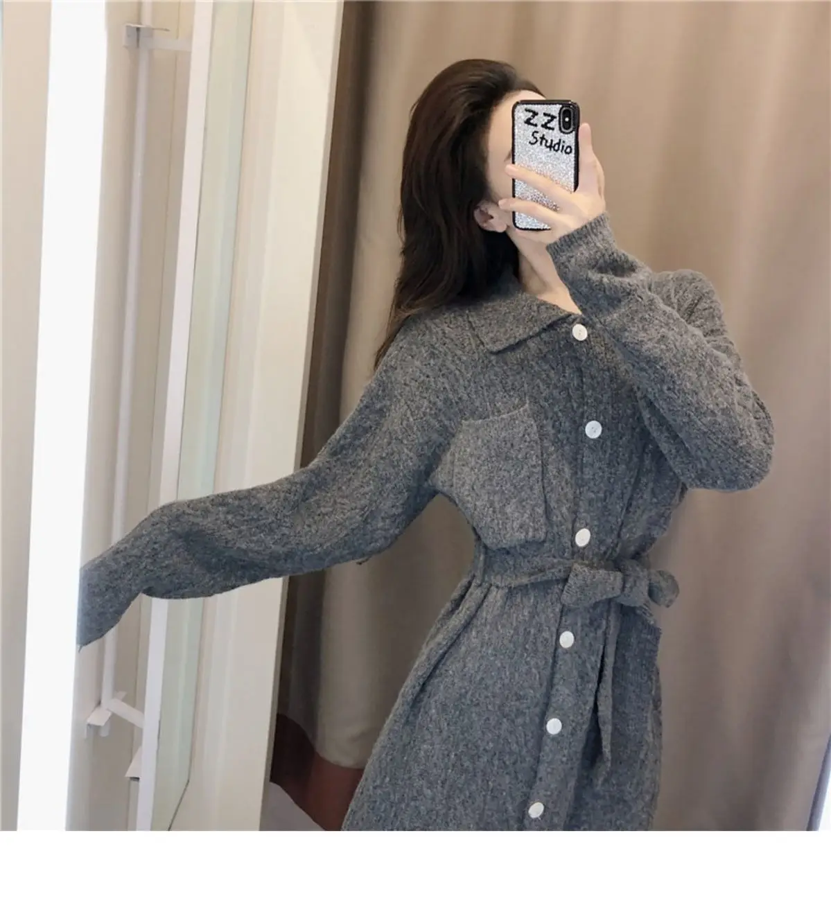 

Women Long Sleeve Knitted Sweater Waistband Dresses
