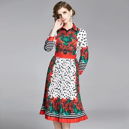 

Euramerican Autumn Women Sweet Flower Dot Print Shirt Dress Long Sleeve Turn-Down Collar Pleated Lady Elegant Slim-Waist Dresses