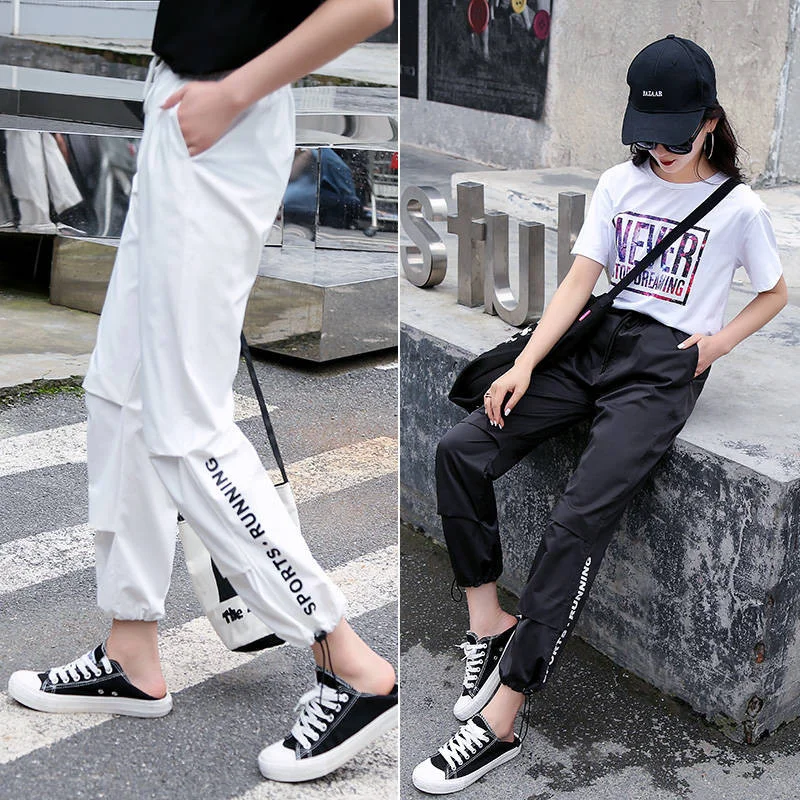 

Casual Black Cargo Pants Women Hip Hop Pants Female Streetwear Capris Elastic High Waist Trousers Female Summer Gym Pants Girls