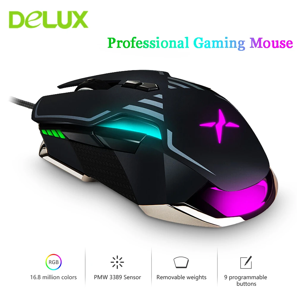 Delux M628 PMW3389 Sensor 16000 DPI Gaming Mouse 9 Buttons 50G ACC RGB Wired Optical Both Hands Mice with Weight For Gamer