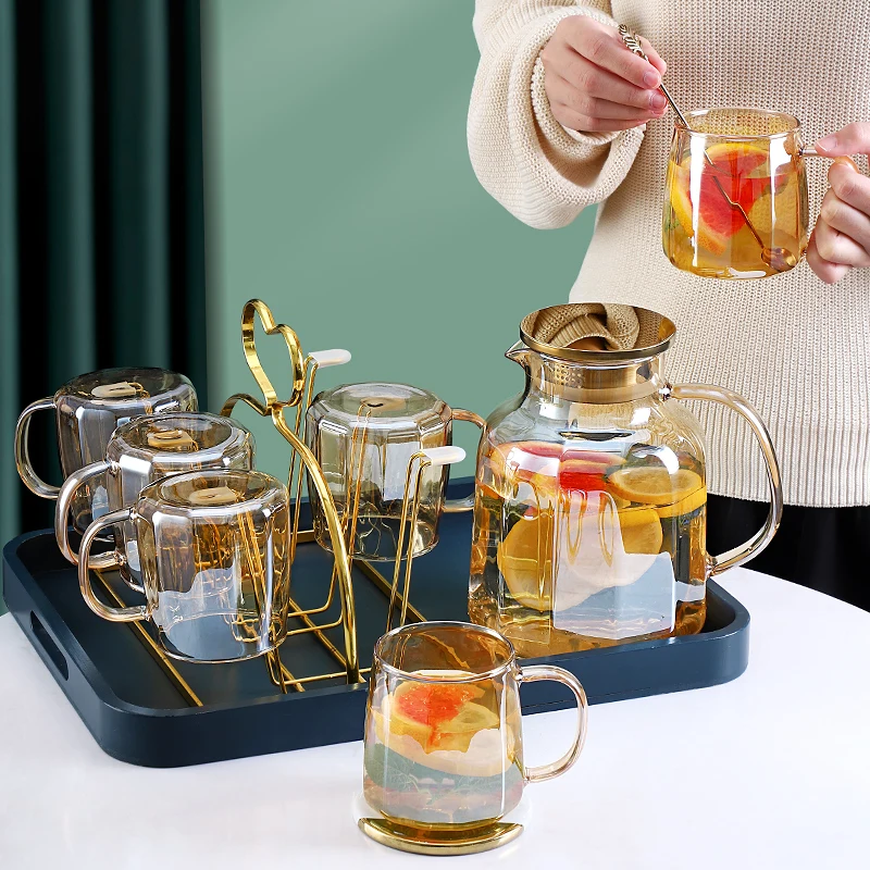 

2000ml Diamond Transparent Glass Teapot Set 400ml Cup Cold Kettle Water Jug Coffee Pot Drinkware Teapot Set Kitchen Accessory