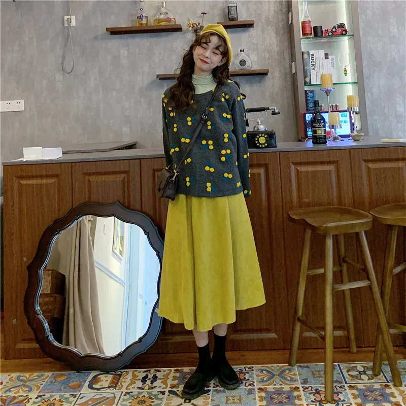 Autumn Winter Plus Size 2 Piece Sets Womens Outfits Vintage Harajuku Long Sleeve Cherry Blouse And High Waist Midi Skirt Set |